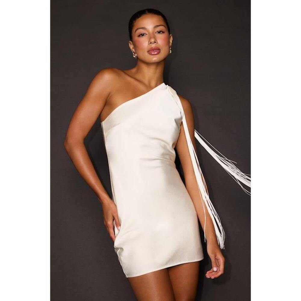 Lulus Deva Ivory Satin One-shoulder Fringe Mini Dress White - Size L